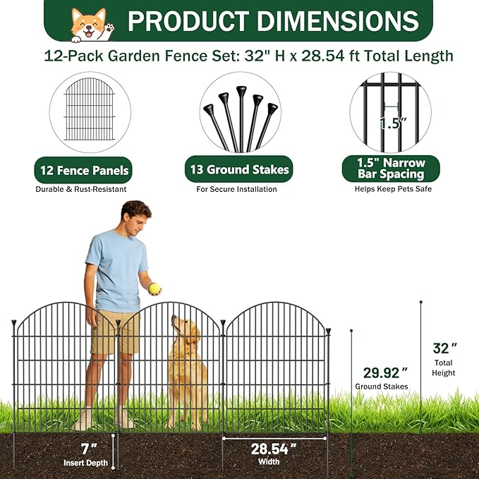 12 Pack No Dig Decorative Garden Fence Panels with Gate, 32in(H) x 29ft(L), Dog Fence Outdoor for Yard, Rustproof Metal Animal Barrier for Rabbits & Flowers, Temporary Fencing for Patio, RV