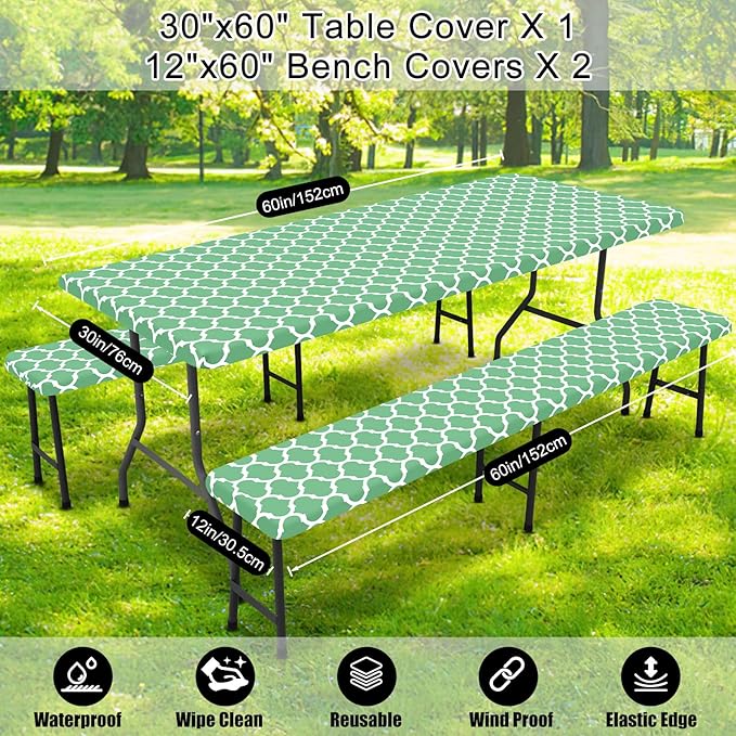 Smiry Picnic Table Cover with Bench Covers, Waterproof Elastic Fitted Tablecloth for 5 Foot Tables, Washable Polyester Tablecloths for Camping, Indoor & Outdoor (Sage Green, 30x60 Inch 3-pc Set)