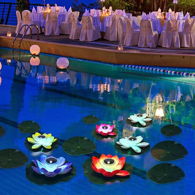VIHOSE 6 Pcs Solar Floating Pond Lights Waterproof Solar Lotus Floating LED with 10 Pcs Lily Pads Swimming Pool Pond Flower Night Lights for Patio Garden Pool Outdoor Party Decorations