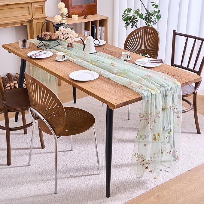 vctops 2 Packs Embroidery Lace Spring Table Runner 10ft Floral Garden Seasonal Tulle Table Runner Holiday Kitchen Dining Table Decoration for Wedding Party Baby Shower Birthday (Sage Green,30"x120")