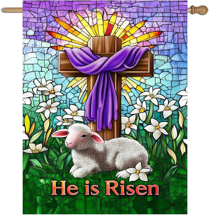 Christian Easter Garden Flags for Outside 28x40 Double Sided He Is Risen House Flag Religious Easter Lamb Decor Stained Glass Cross Flag Lily Spring Outdoor Flag Large