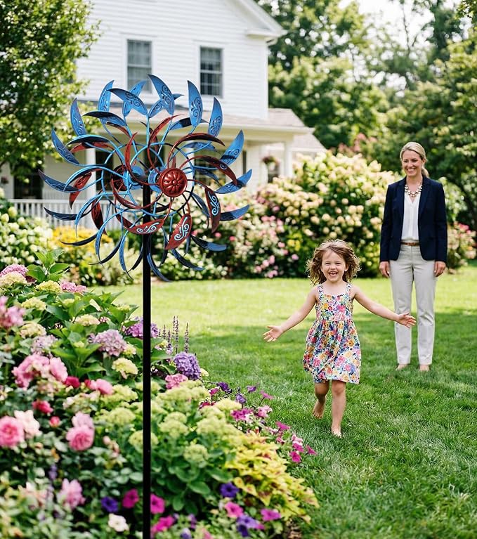 4 Layer Wind Spinner Metal Vine Scroll Kinetic Garden Yard Art Decor | Hand-Crafted Art, 4-layer vine scroll metal spinner, Whisper-quiet dual rotation, Adjustable height stake