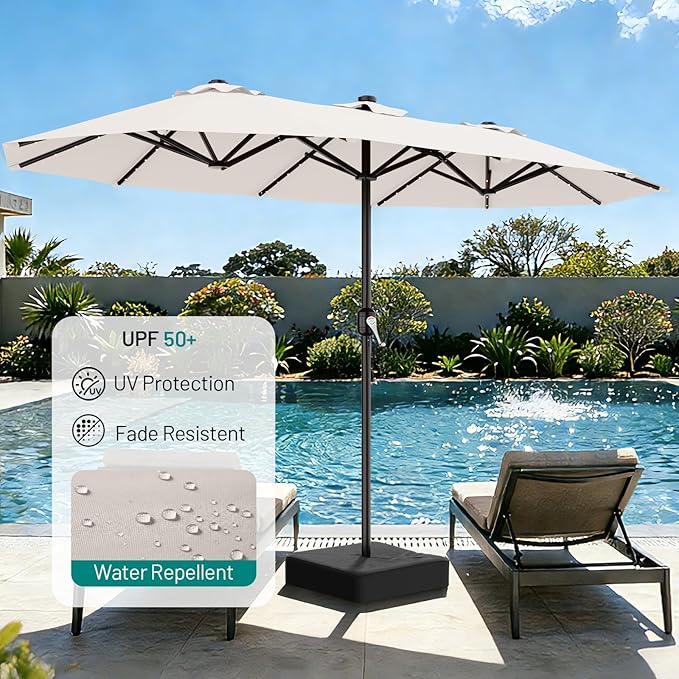 AreShark 13 FT Patio Umbrella with Solar Lights, Double-Sided Outdoor Table Umbrellas with Crank, Large Rectangular Market Umbrella for Porch, Lawn, Pool, Backyard, Cream-White