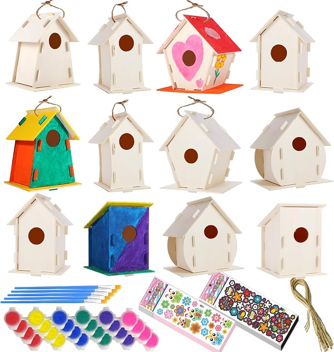 24 Pack Large DIY Bird Houses Kits for Kids, Kids Craft Kits Wood Houses for DIY Crafts Class Parties, 24 Birdhouse Kits with 24 Paint Strips & Paintbrushes & Stickers for Children to Build & Paint…