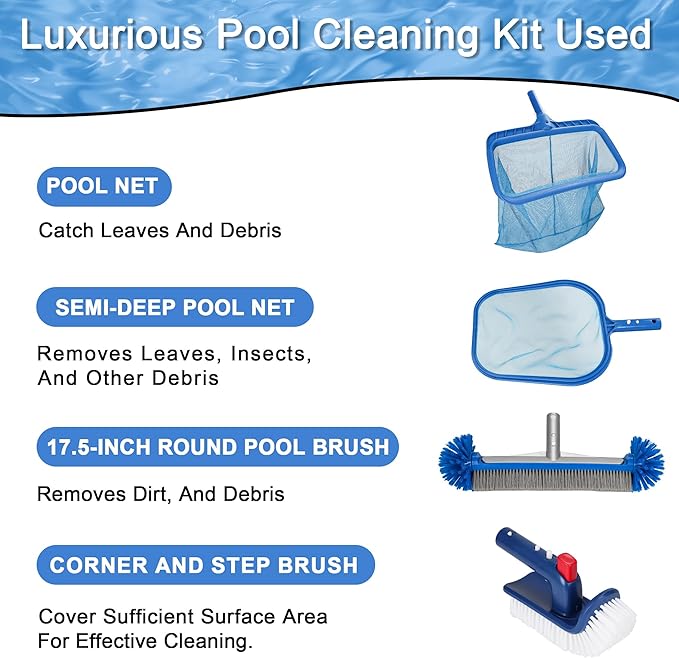 Pool Cleaning Kit Professional Heavy Duty Leaf Skimmer Net, Deep Bag Rake & Wall Scrubber Brush, 4-Piece Pool Cleaning Equipment Set for Above Ground & Inground Pools (Pole Not Included)