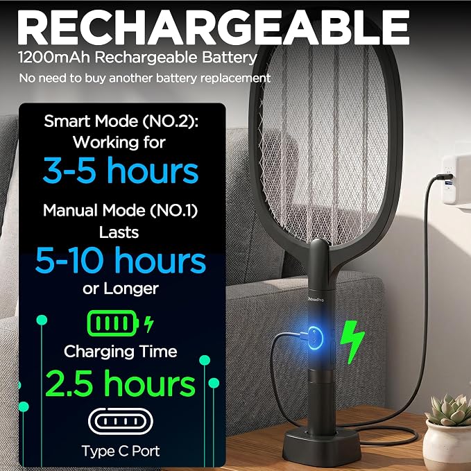 Fly Swatter Electric(2 Pack) Bug Zapper Racket, USB-C Rechargeable Electric Fly Swatter Portable Handheld Cordless Fly Swatter Racket to Kill Mosquitoes, Wasps, Gnats, Flies, Bugs, with Stand