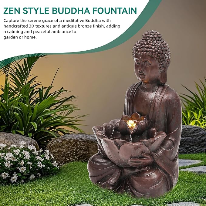 AUTODAYA 18.9" H Buddha Outdoor Water Fountain, Zen Style Garden Fountain with LED Lights and Pump, Relaxing Waterfall for Patio, Porch, or Yard Decor, Faux Bronze