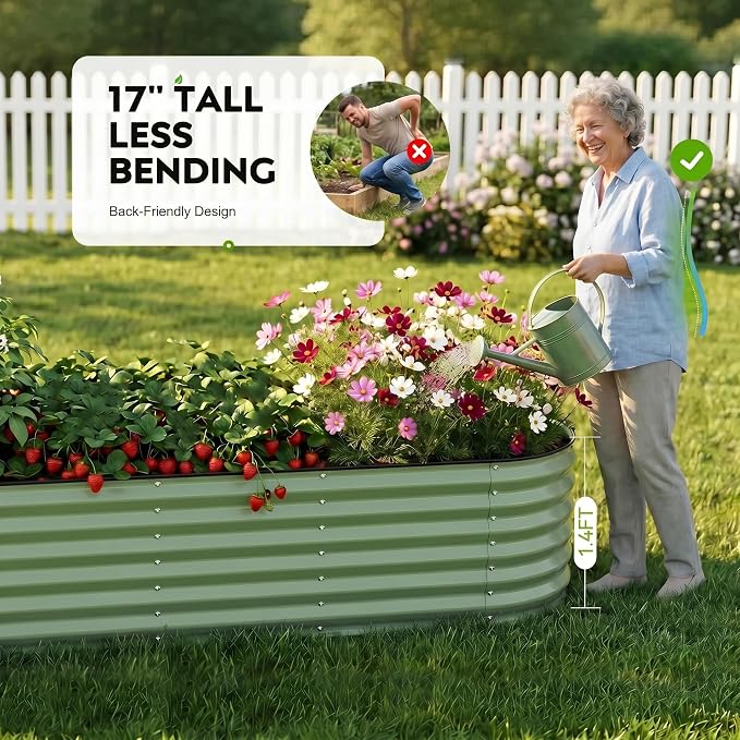Raised Garden Bed 9x2 Ft, 17" Tall Galvanized Steel Metal Planter Box, 11-in-1 Modular Large Garden Bed Kits for Outdoor Vegetable Flowers, Olive Green