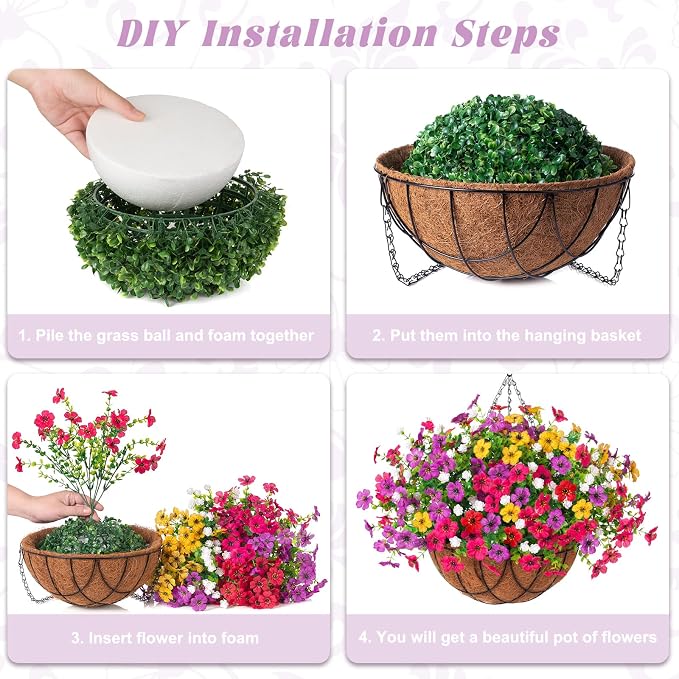INXUGAO Artificial Silk Flowers Hanging Baskets Outdoors Indoors, Daisy with Eucalyptus Leaves Arrangement for Garden Yard Spring Summer Decor Faux Green Plant Metal Coconut Lining
