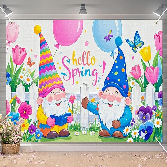 BlissYard 8x6ft Spring Gnome Garden Backdrop Hello Spring Photo Background Colorful Floral Party Banner Cute Cartoon Scene for Easter Baby Shower Birthday Classroom Event Photography Decoration