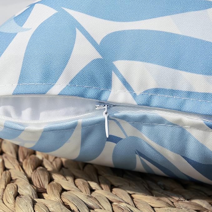 MIULEE Pack of 2 Decorative Outdoor Waterproof Throw Pillow Covers Patio Pillow Cases Natural Leaves Pattern Spring Square Cushion Shams Shell for Garden Balcony Couch 18x18 Inch, Light Blue