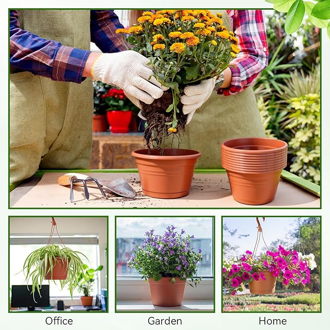Roshtia 10 Pcs 10 Inch Hanging Baskets for Plants Large Plastic Hanging Basket Pots with Drainage Trays Self Watering Planter Pots for Outdoor Indoor Plants Flowers Garden Balcony (Brown)