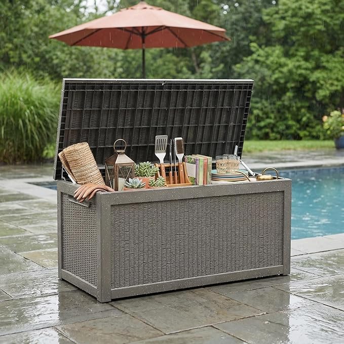 265 Gallon Resin Deck Box Outdoor Storage Chest, Large Waterproof Patio Storage Box All-Weather Garden Storage Container for Cushions, Pool Supplies, Yard Tools – Easy Assembly, Lockable Lid
