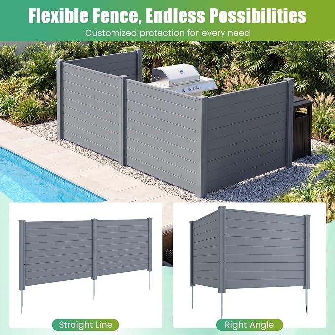 HAPPYGRILL Air Conditioner Fence, 2 Panels Outdoor Privacy Screens with Metal Stakes, No Dig Pool Equipment Enclosure, 48" x 38" Trash Can Screen Fence Kit for Outside Backyard, Gray
