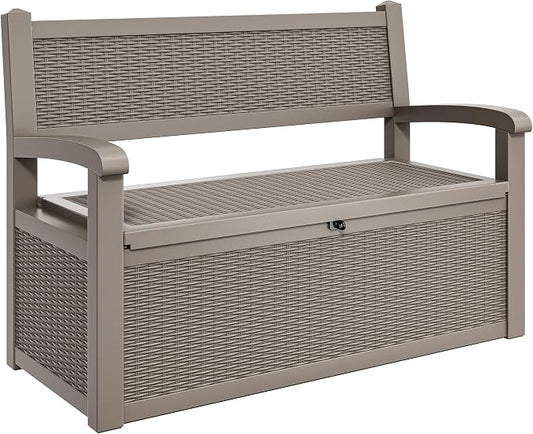 YITAHOME 80 Gallon Storage Bench Deck Box, Lockable Patio Bench, Waterproof Outdoor Pool Deck Storage for Patio Cushions, Garden Tools and Pool Supplies, Light Brown