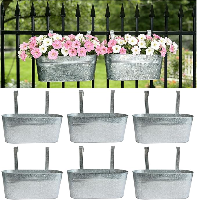 Balcony Galvanized Hanging Planters Railing Flower Pots, Outdoor Metal Fence Planter Pot with Detachable Hooks Drain Hole for Garden Patio Yard Decor (17 Inch, 6Pcs)