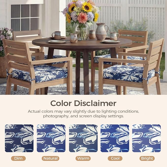 UNIKOME Outdoor Chair Cushions Set of 4, Water Resistant Patio Seat Cushions with Ties for Outdoor Furniture, High-Density Foam, UV & Fade Resistant, Piped Edge – 19" x 19" x 3", Blue-White Flower