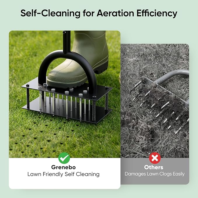 Grenebo Lawn Aerator Manual Aerator Lawn Tool with 16 Spikes, Metal Grass Aerator for Yard, Lawn Aeration, Automatic Soil Ejection, Pre-Assembled Lawn Aerator Tool (Black Green)