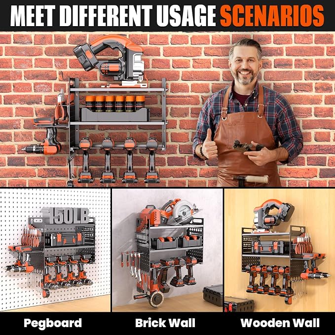 16.5“W Power Tool Organizer Wall Mount,Small Cordless Tool Organizer with 6 Drill Holder, 150 Lbs Capacity 3-Layer Garage Organization for Garage and Workshop (Black)