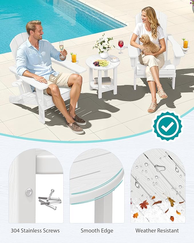SERWALL Round Outdoor Side Table Set of 4, HDPE Small Adirondack Double End Table, White