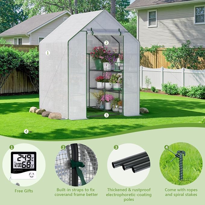 Greenhouse for Outdoors, Portable Green House, Walk in Greenhouses with Durable PE Cover, 57 x 57 x 76 inch Greenhouse with Shelves Stands,White