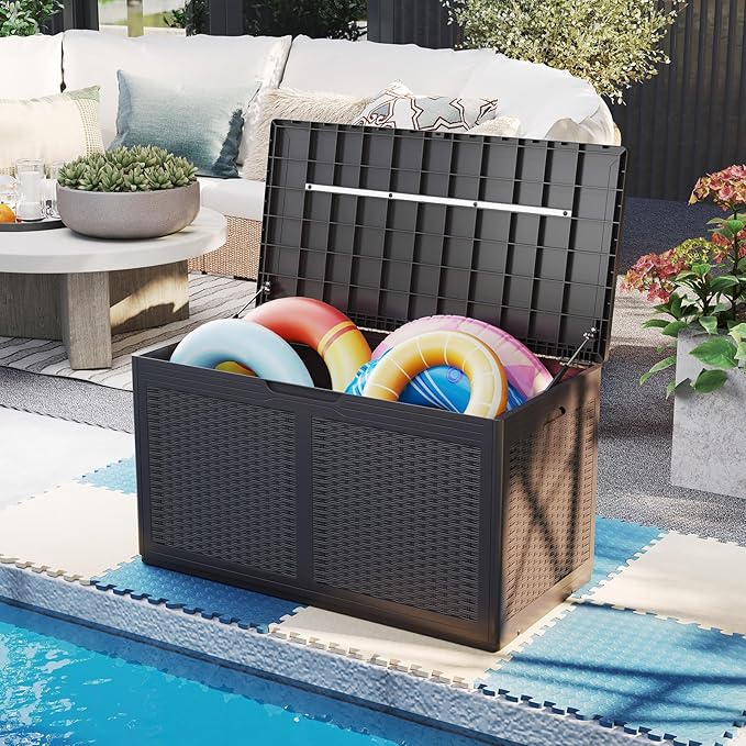 Moccha 100-Gallon Outdoor Storage Box - Waterproof Resin Deck Box with Lockable Lid & Wheels, Faux Rattan Outdoor Storage Bench for Pool Accessories, Garden Tool, Patio Furniture Cushion (Brown)