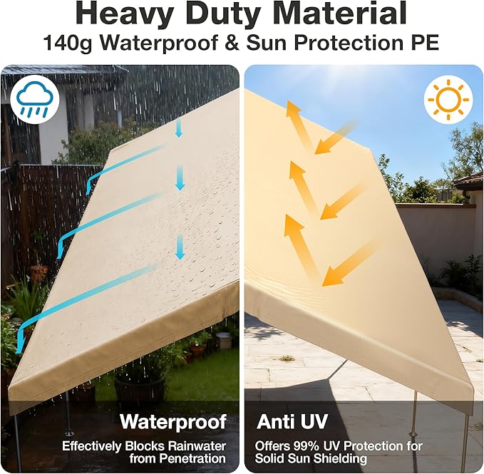12x20 FT Carport Replacement Canopy Top Upgraded Car Port Canopy Cover for Carport Party Tent Waterproof & UV Protected, Easy Installation with Ball Bungees,Beige(Frame Not Included)