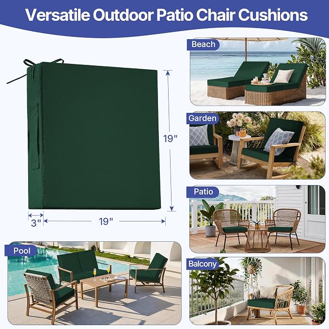 Outdoor Chair Cushions Set of 4 for Outdoor Patio Furniture, Waterproof Patio Seat Cushions with Handle & Ties, 3 Year Color Fastness Square Garden Sofa Couch Pads, 19" x 19" x 3", Dark Green