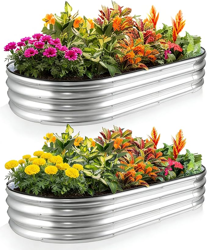 GrowHaus 4x2x1ft Galvanized Raised Garden Bed, Planter Boxes Outdoor Metal Garden Beds for Planting Vegetables Flowers Herbs Silver 2 Pack