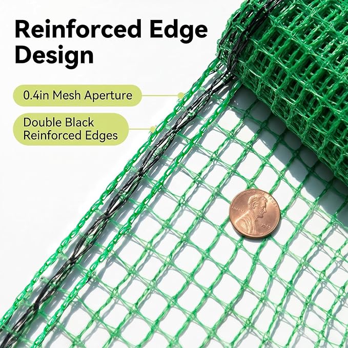6.6x50ft Plastic Mesh Fence with Reinforced Double Black Edges, Heavy Duty Deer Fencing and Garden Netting Animal Barrier, 0.4in Square Mesh Safety Fence for Yard, Poultry and Plant Protection