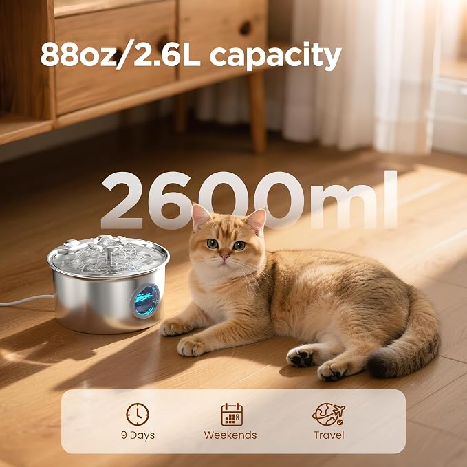 Stainless Steel Cat Water Fountain: 88oz/2.6L Ultra Quiet Pet Fountain with Flower Kitty Spout & LED Blue Light Water Dispenser with Water Level Window for Cats/Dogs Indoor (Silver) - IHOUONE