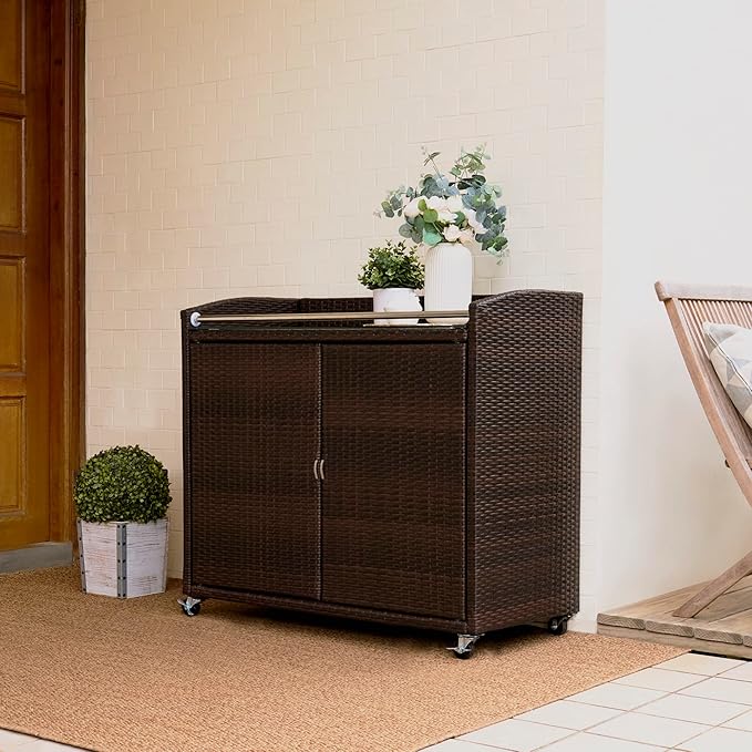 Teamson Home 39.5 in. Veronica Outdoor Rolling Bar Cart with Locking 360-degree Wheels, Weather-Resistant PE Rattan, Glass Tabletop, and 270 Gallon Storage Capacity, Brown