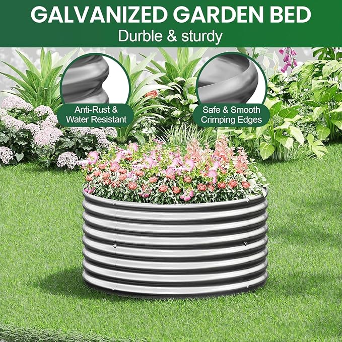5 Pack 3x3FT Round Corrugated Galvanized Steel Raised Garden Bed Outdoor, Metal Above Ground Garden Bed for Vegetables and Flowers, Raised Beds for Gardening-3x3FTx10Inch
