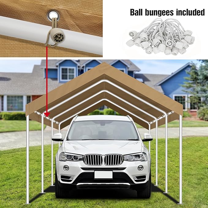 Carport Canopy Replacement Cover, Waterproof Shelter Cover with Ball Bungee Cords(Frame is not Included)