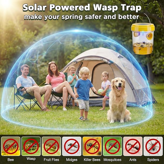 Wasp Trap Solar Powered 4 Packs, 2026 Upgrade Yellow Jacket Trap, Bee Traps Outdoor Hanging, Carpenter Bee Traps for Outside, Flying Insect Trap Reusable Hornet Catcher with LED Light