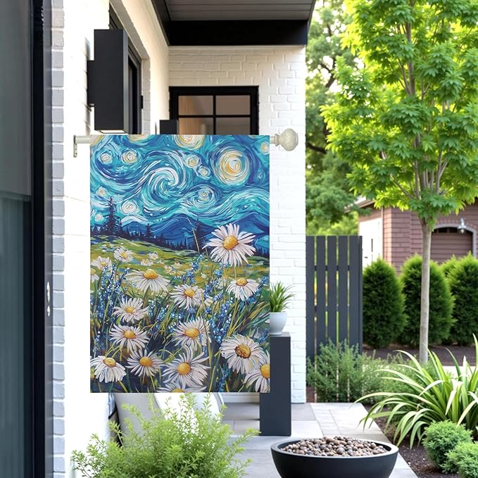 Spring Daisy Large Garden Flag Starry Night Van Gogh Style House Banner Vibrant Floral Meadow Landscape Seasonal Welcome Yard Flags for Summer Patio Lawn Porch Farmhouse Decor 28x40 Inch