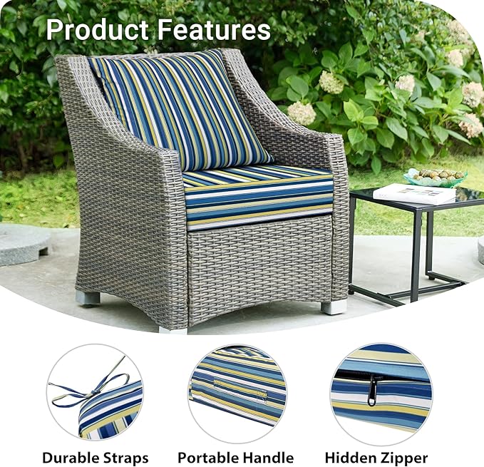 IPYNBAP Outdoor Cushions for Patio Furniture,Outdoor Seat Cushion Set 24 x 24 x 4 Inch,Waterproof & Fade Resistant Outdoor Chair Cushions,Deep Patio Chair Cushion with Removable Cover,Blue Stripe