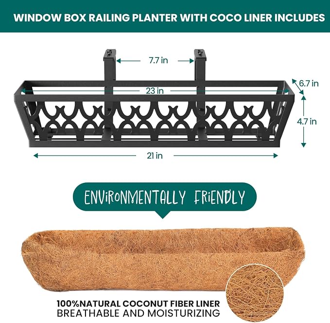 4 Pack Window Box Railing, 24IN Black Metal Hanging Flower Planter Basket with Coco Liner for Outdoor Balcony Porch Fence Patio for Home, Office and Hotel (Black)