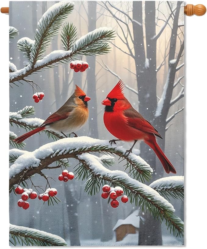 Winter Cardinal Bird House Flag 28x40 Inch Red Brown Birds Christmas Holiday Seasonal Theme Decorative Garden Flags for Outside Double Sided Outdoor Home Farmhouse Decoration Porch Yard New Year Decor