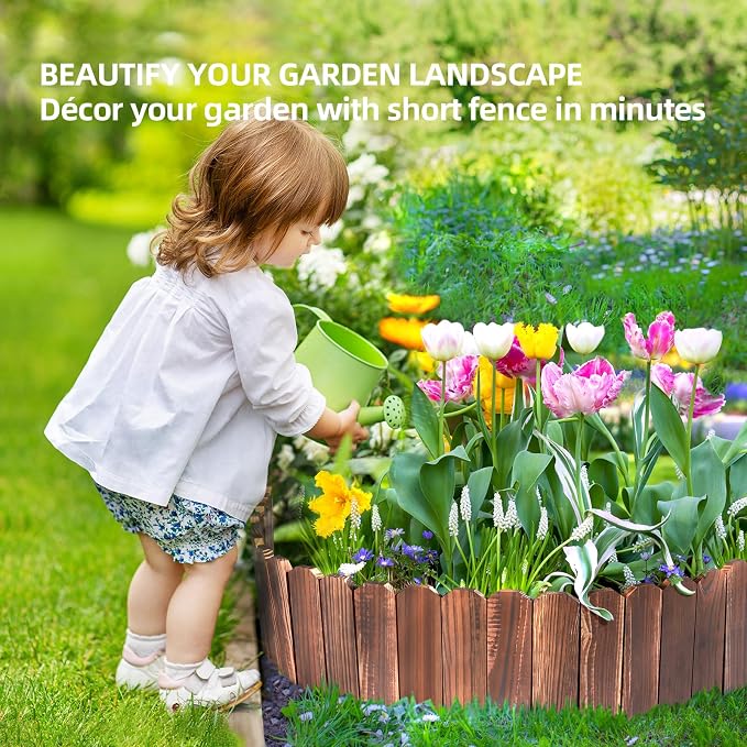 LINSHRY Wood Garden Edging, 4 Pack 7.9 in H x 3.9 ft L Wood Garden Fence for Landscape/Flower Bed Edging Borders, Garden Wooden Fence Edging (Total 15.6ft Length)