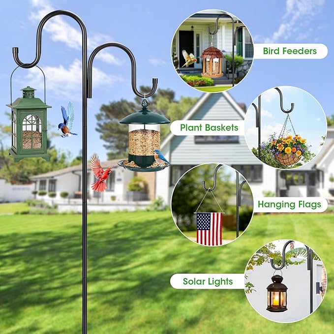 79 Inch Double Shepherds Hooks for Outdoor, Heavy Duty Bird Feeder Pole with 5 Prong Base for Hanging Lantern, Hummingbird Feeder, Lightweight Plant, Shepherd Hook for Bird Feeder for Outside, 2 Packs