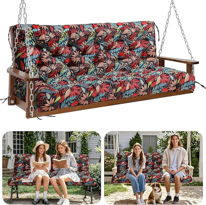 Premium 5" Thick Waterproof Outdoor Swing Cushions Sturdy Durable 2-3 Seat Replacement Porch Swing Cushions with Backrest&Ties Bench Cushion for Outdoor Furniture Backyard Patio (Flower01)