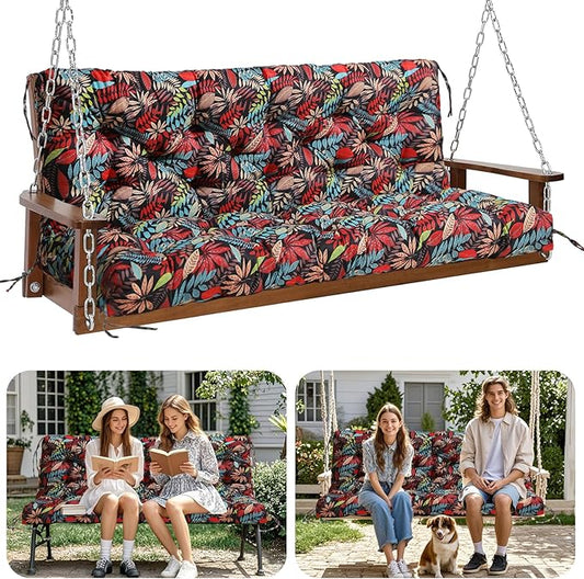 Premium 5" Thick Waterproof Outdoor Swing Cushions Sturdy Durable 2-3 Seat Replacement Porch Swing Cushions with Backrest&Ties Bench Cushion for Outdoor Furniture Backyard Patio (Flower01)