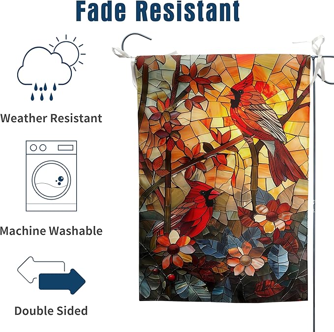Stained Glass Cardinal Red Birds Garden Flag Spring Summer Yard Flag Fall Floral Decorative Yard Flags for Outside 28x40 Double Sided Large Seasonal Lawn Flags Rustic Outdoor Decor