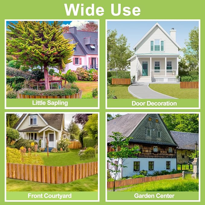 Hicarer 5 Pcs Wood Garden Edging Fence Border, 8" H x 47" L for Each, Wooden Solid Log Landscape Border, Short Decorative Flower Bed Barriers with Gloves & Hammer for Tree Lawn Yard(Light Wood Color)
