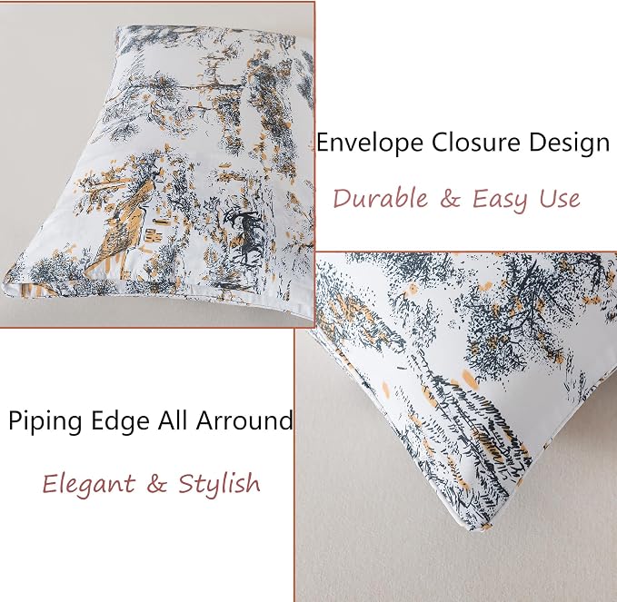 FADFAY Toile Sheets Set Twin 100% Egyptian Cotton French Country Toile de Jouy Bedding Classic Black and Gold Floral Bed Sheets Shabby Farmhouse Bedding Breathable Soft Deep Pocket 4Pcs, Twin Size