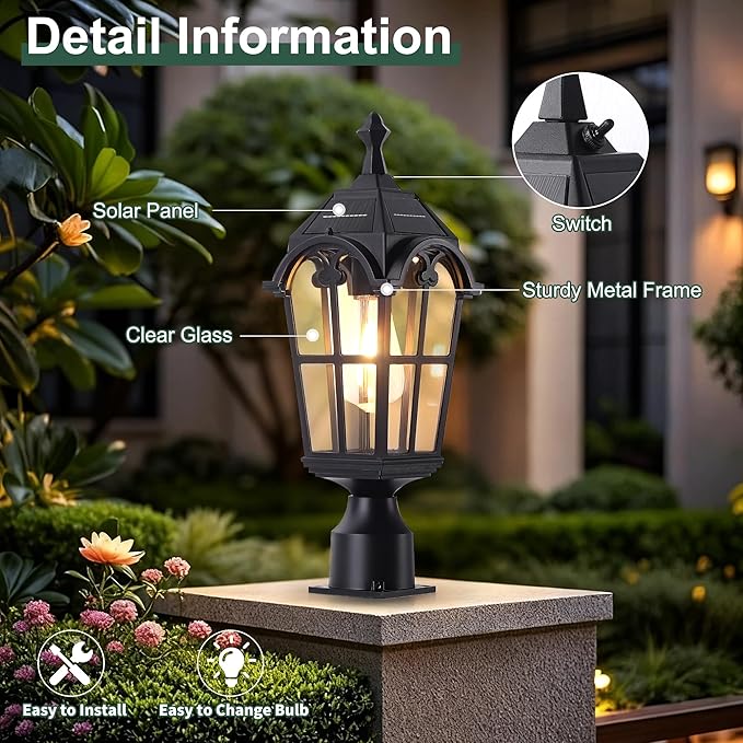 Solar Post Lights Outdoor with Bulb Dusk to Dawn Lamp Posts Outdoor Lighting Waterproof Solar Post Lamp Anti-Rust Exterior Pole Light Outside Pole Lighting for Yard Pathway Driveway Fence