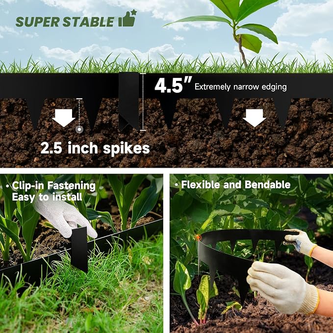 Steel Landscape Edging-33FT Landscape Lawn Edging- 4.5" H X 40" L Metal Garden Edging 10 Pcs-No-Dig Hammer Heavy Duty Steel Edging-Bendable Border Strips for Lawn Yard Black -10 Clips