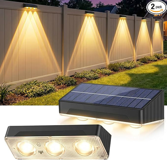 Solar Fence Lights Outdoor 2 Pack Waterproof High Brightness Upgraded 3 LED Lens Solor Deck Lights Warm & Cool White RGB 10 Colors Outside Solar Powered Wall Light for Backyard Patio Step Railing