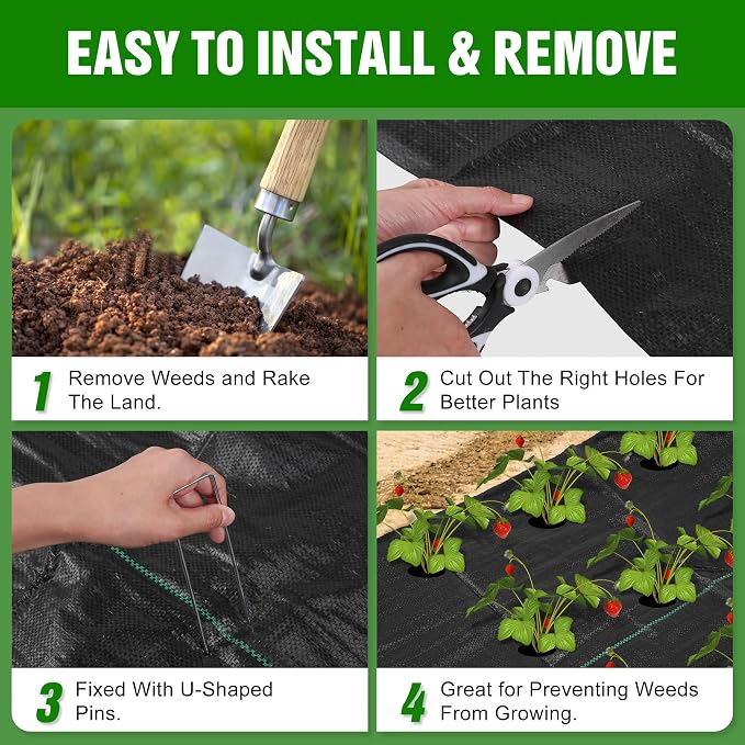 2FT x 50FT Weed Barrier Landscape Fabric Heavy Duty, 3.2oz Premium Gardening Weed Control Mat with 10 U-Shaped Securing Pegs, Ground Cover for Garden Beds, Farming, Underlayment, Commercial Driveway